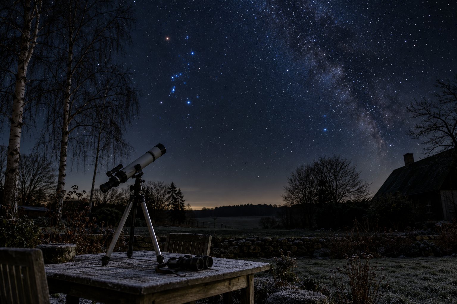 Et lille teleskop på stativ og en kikkert på et frostklædt havebord under en klar, stjernefyldt vinterhimmel med Orion over trætoppene