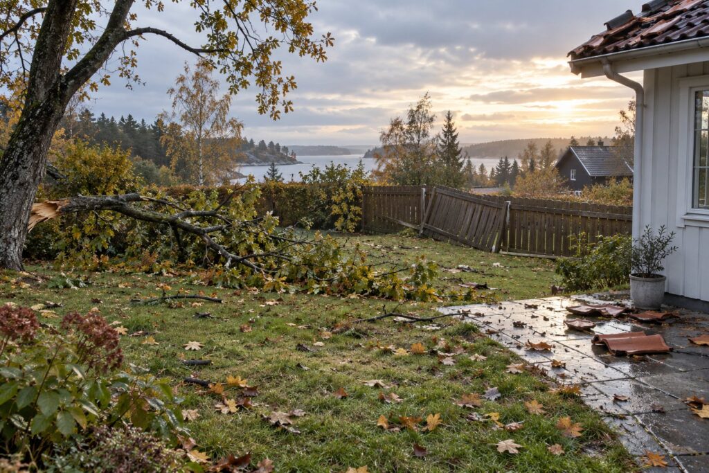 Have dagen efter en efterårsstorm med en knækket gren på plænen, våde blade og et hegn med en skæv sektion under en lysnende himmel