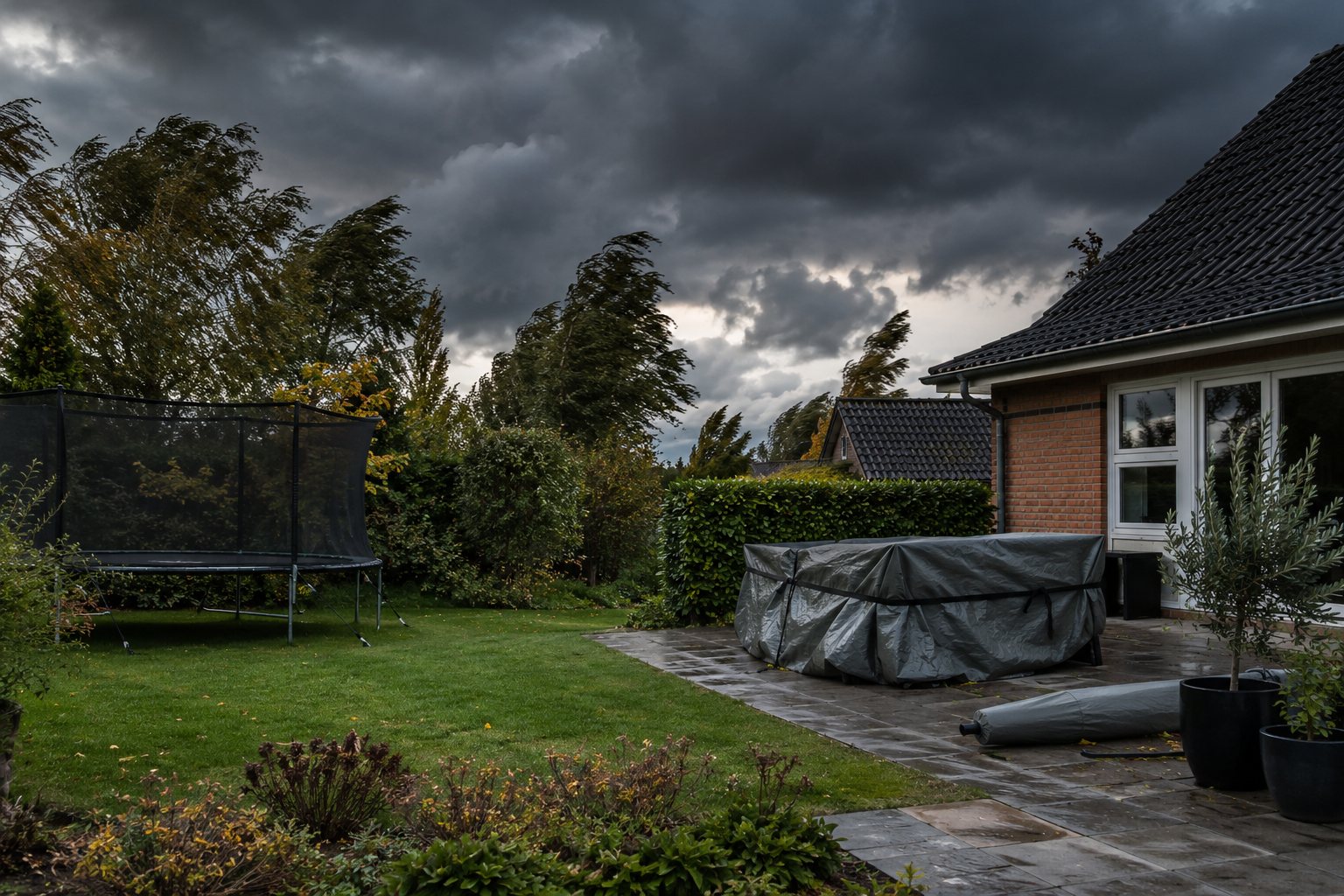 Terrasse ved et dansk hus en blæsende oktobereftermiddag med havemøbler under overtræk og mørke stormskyer over haven