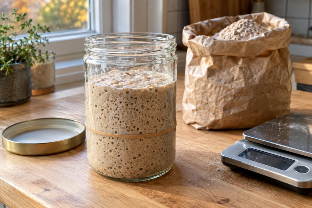 Glas med boblende rugsurdej og en elastik om glasset på et køkkenbord ved siden af en pose rugmel