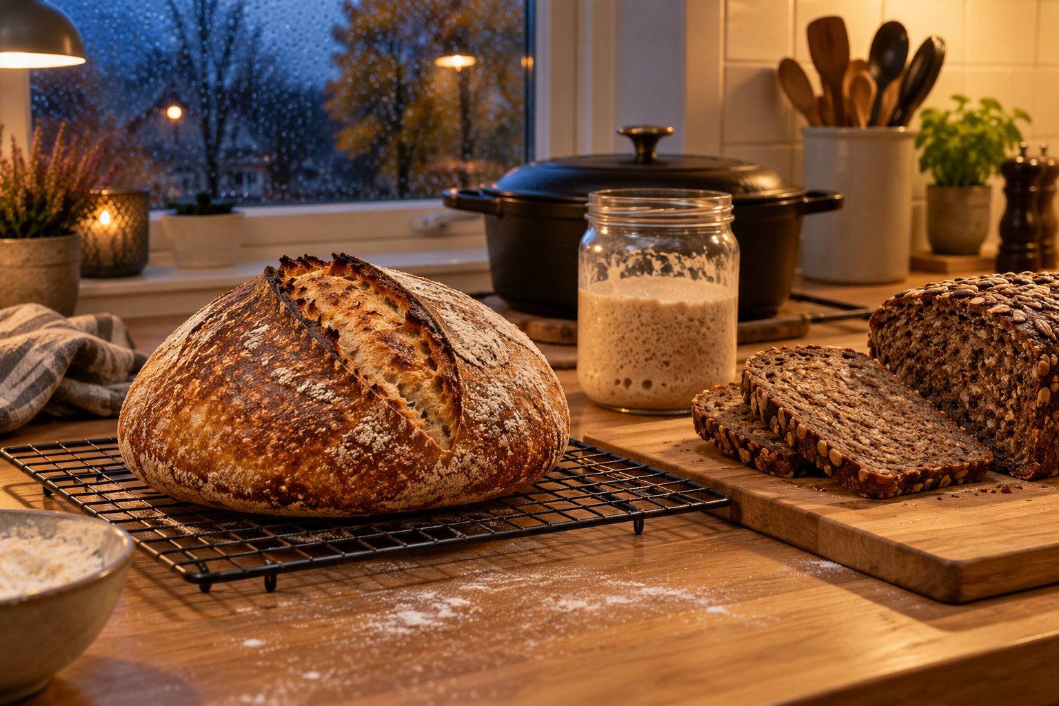 Nybagt surdejsbrød og skåret rugbrød på et køkkenbord med et glas surdej og en støbejernsgryde en efterårsaften