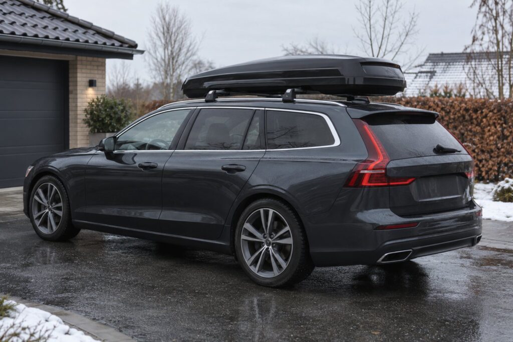 Sort tagboks monteret på aluminiumstagbøjler på en mørkegrå stationcar i en indkørsel en grå vinterdag