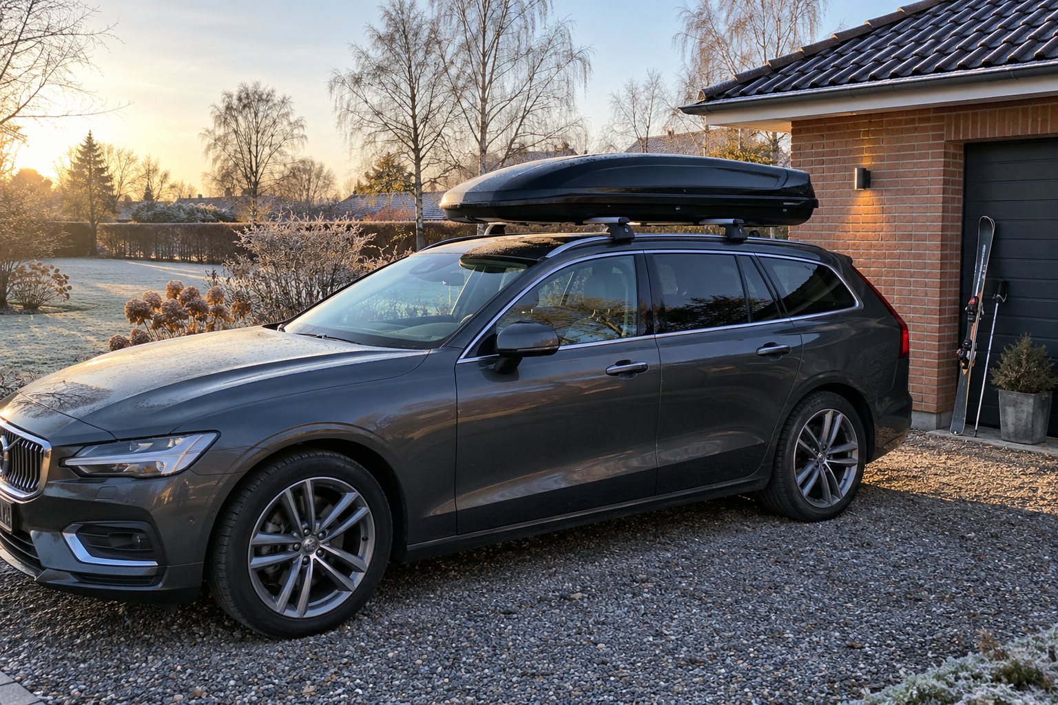 Stationcar med sort tagboks på tagbøjler i indkørslen til et dansk murstenshus en frostklar morgen