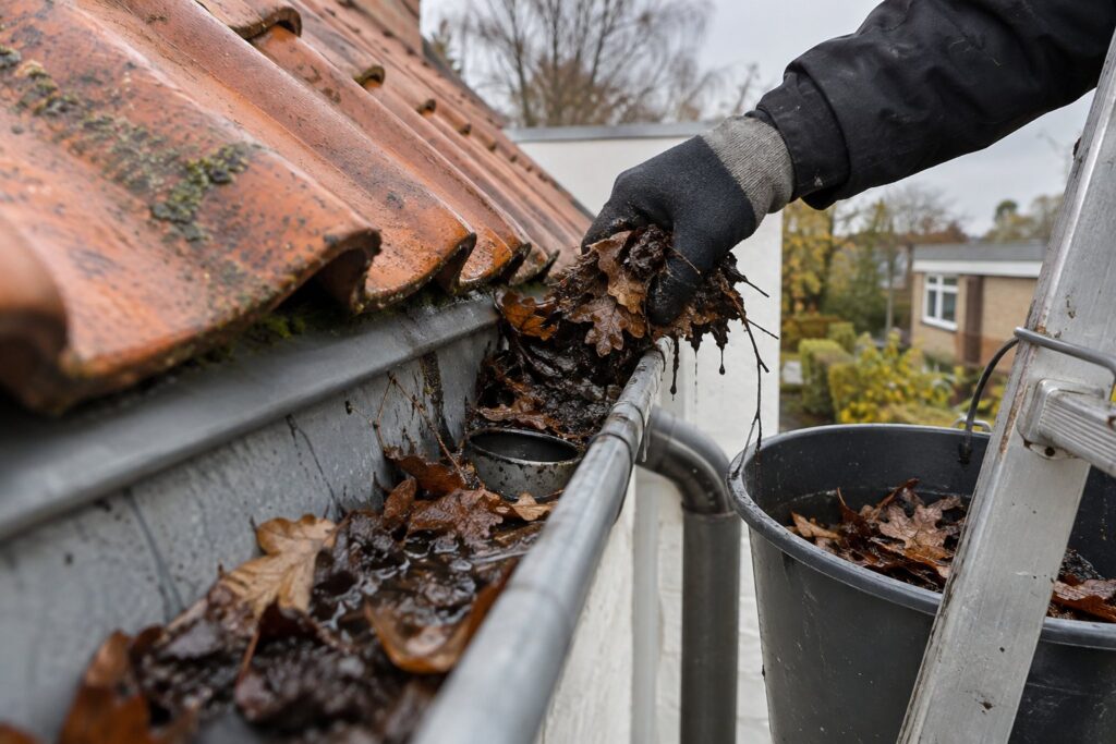 Hånd i arbejdshandske tager våde efterårsblade op af en zinktagrende ved siden af en spand, der hænger på stigen