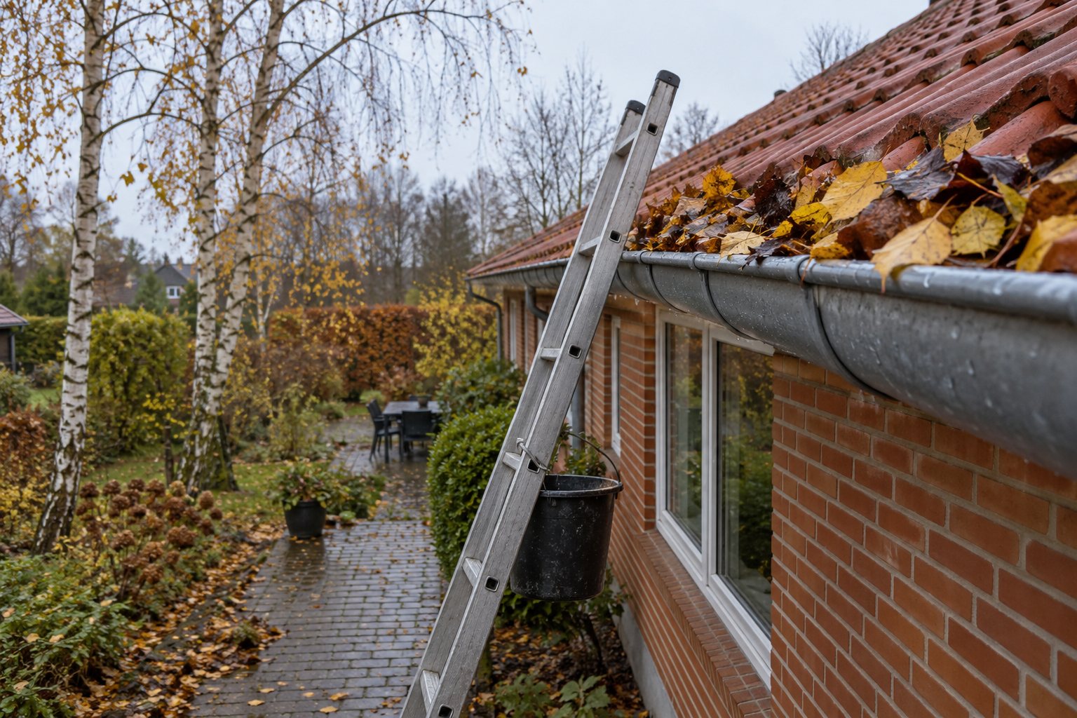 Zinktagrende fuld af våde efterårsblade på et dansk murstenshus med en stige stillet op ad muren
