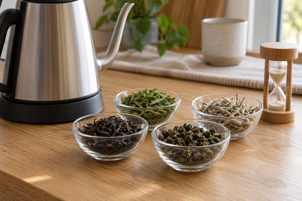Fire glasskåle med sort, grøn, hvid te og oolong ved siden af en elkedel og et timeglas på en træbordplade