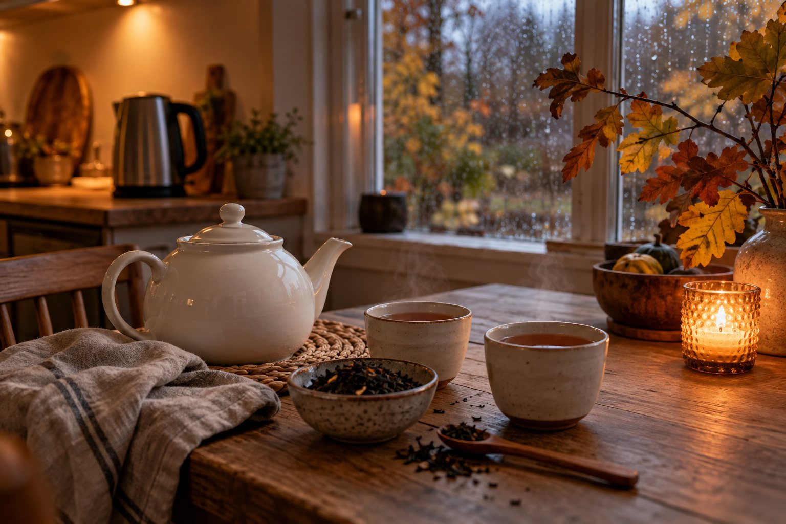 Tekande af hvidt porcelæn med si, to kopper dampende te og en skål løse teblade på et køkkenbord en mørk efterårseftermiddag