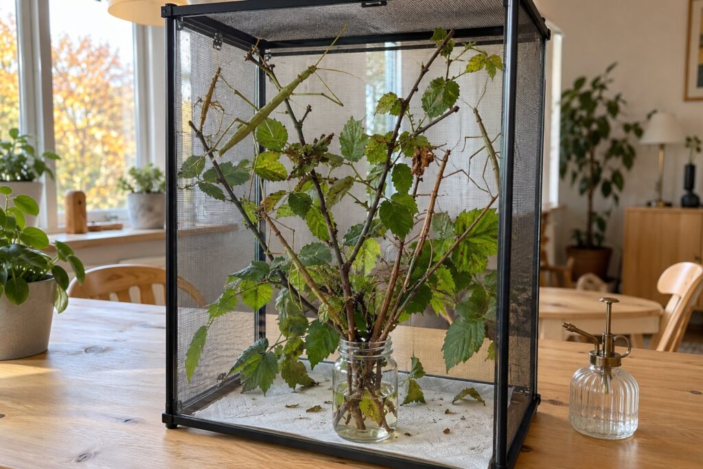 Højt insektterrarium med vandrende pinde på friske brombærgrene i en lys stue en efterårsdag