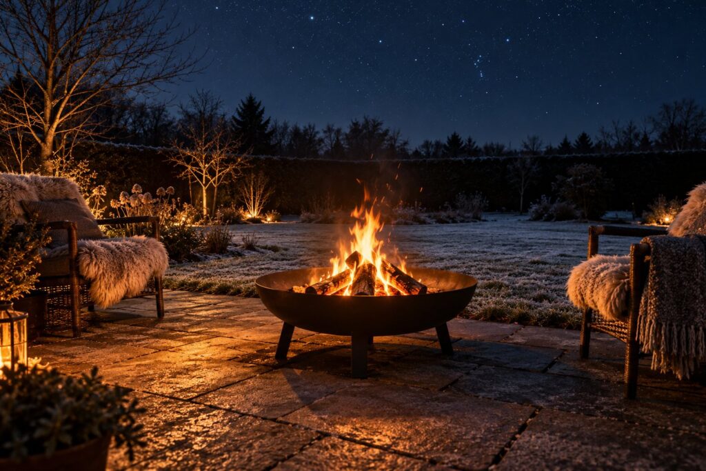 Bålfad med flammer på en stenterrasse under åben himmel en frostklar vinteraften med stole og plaider i god afstand