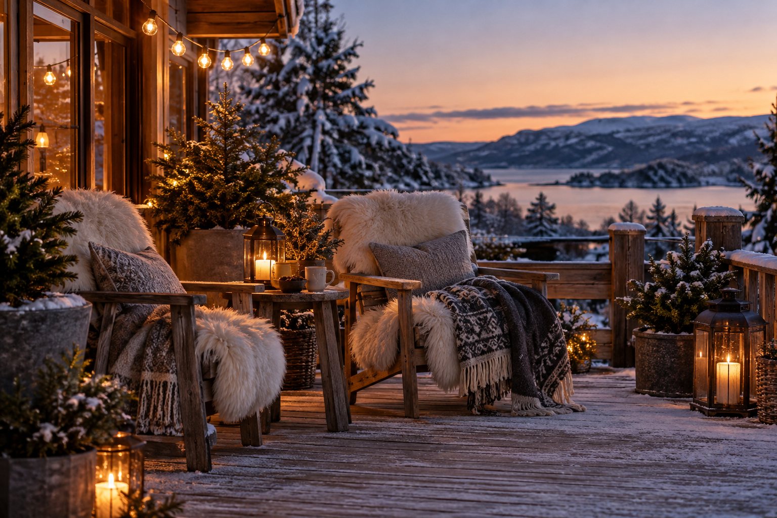 Terrasse op ad husmuren i vinterskumringen med hynder, skind, uldplaider, lanterne og en lyskæde langs et læhegn