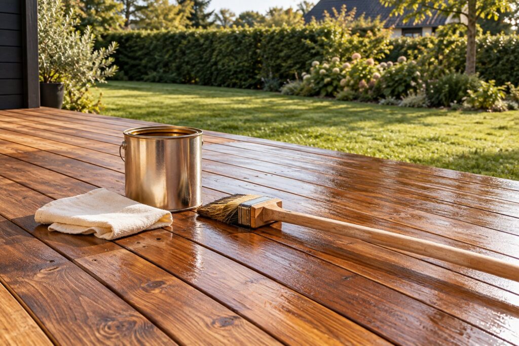 Nyolieret træterrasse en tør sensommerdag med en dåse terrasseolie og en terrassepensel på skaft