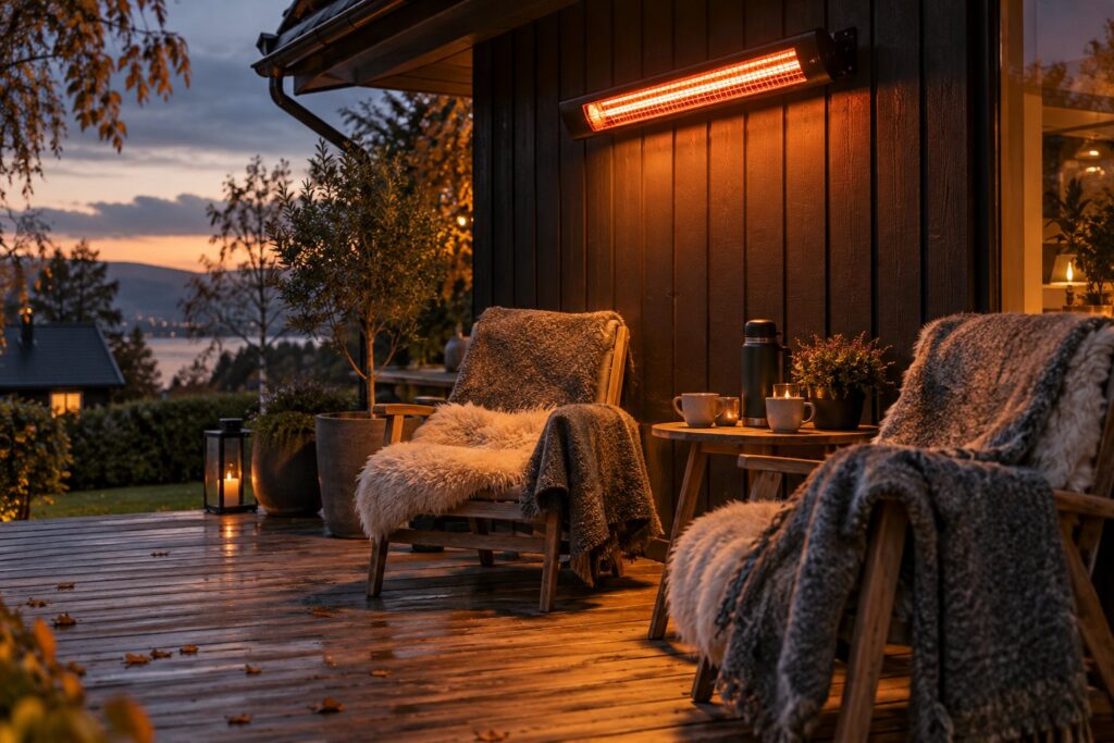 Infrarød varmer monteret under et tagudhæng over en terrasse med to stole med uldplaider og fåreskind en kølig efterårsaften