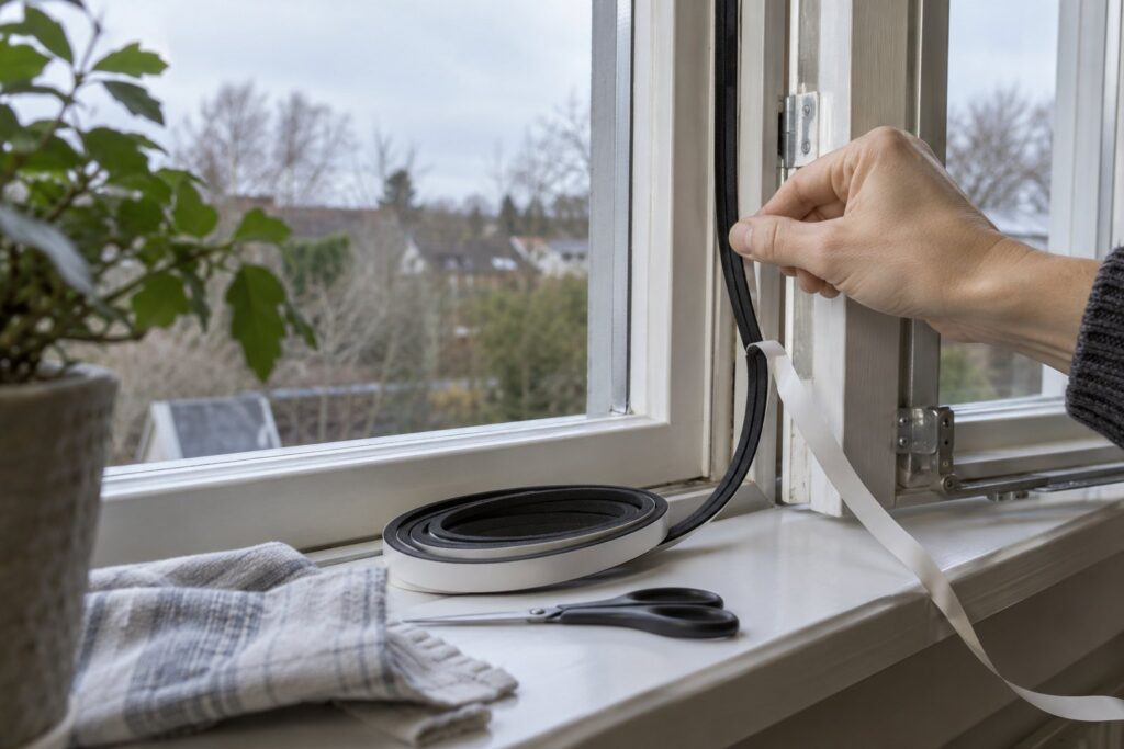 Selvklæbende gummiliste bliver trykket ind i falsen på et åbent hvidt trævindue med en rulle tætningsliste og en saks i vindueskarmen