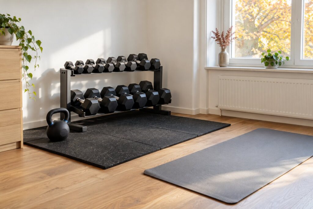 Træningshjørne i et lyst gæsteværelse med sorte gummifliser, en træningsmåtte, håndvægte i et stativ og en kettlebell