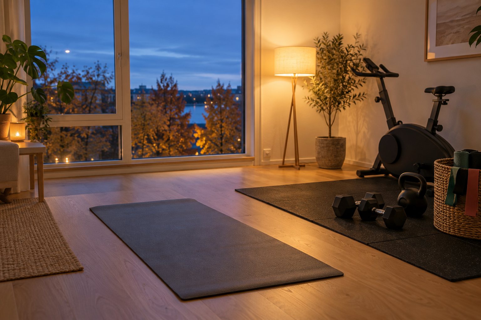Træningshjørne i en lys lejlighed med træningsmåtte, håndvægte, kettlebell og motionscykel en mørk efterårsaften