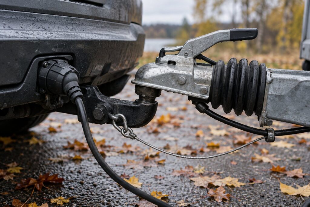 Trailerkobling låst fast på bilens anhængertræk med sprængwiren hægtet i bilens eget beslag og stikket sat i