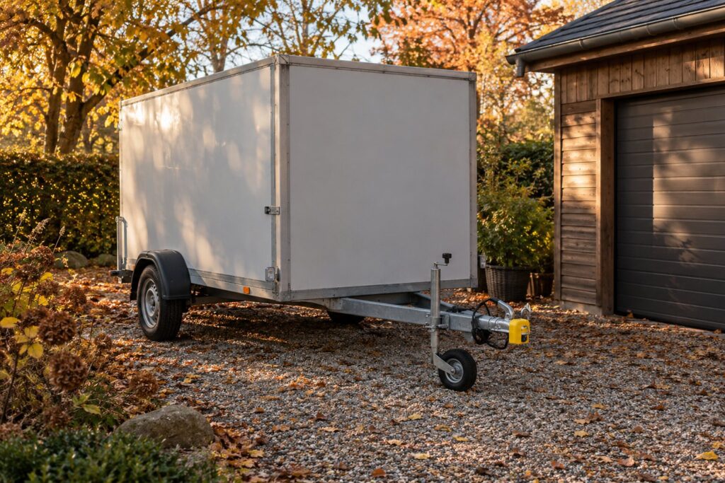 Lukket trailer på en grusindkørsel med næsehjulet skruet ned og en trailerlås sat på koblingen en efterårsdag