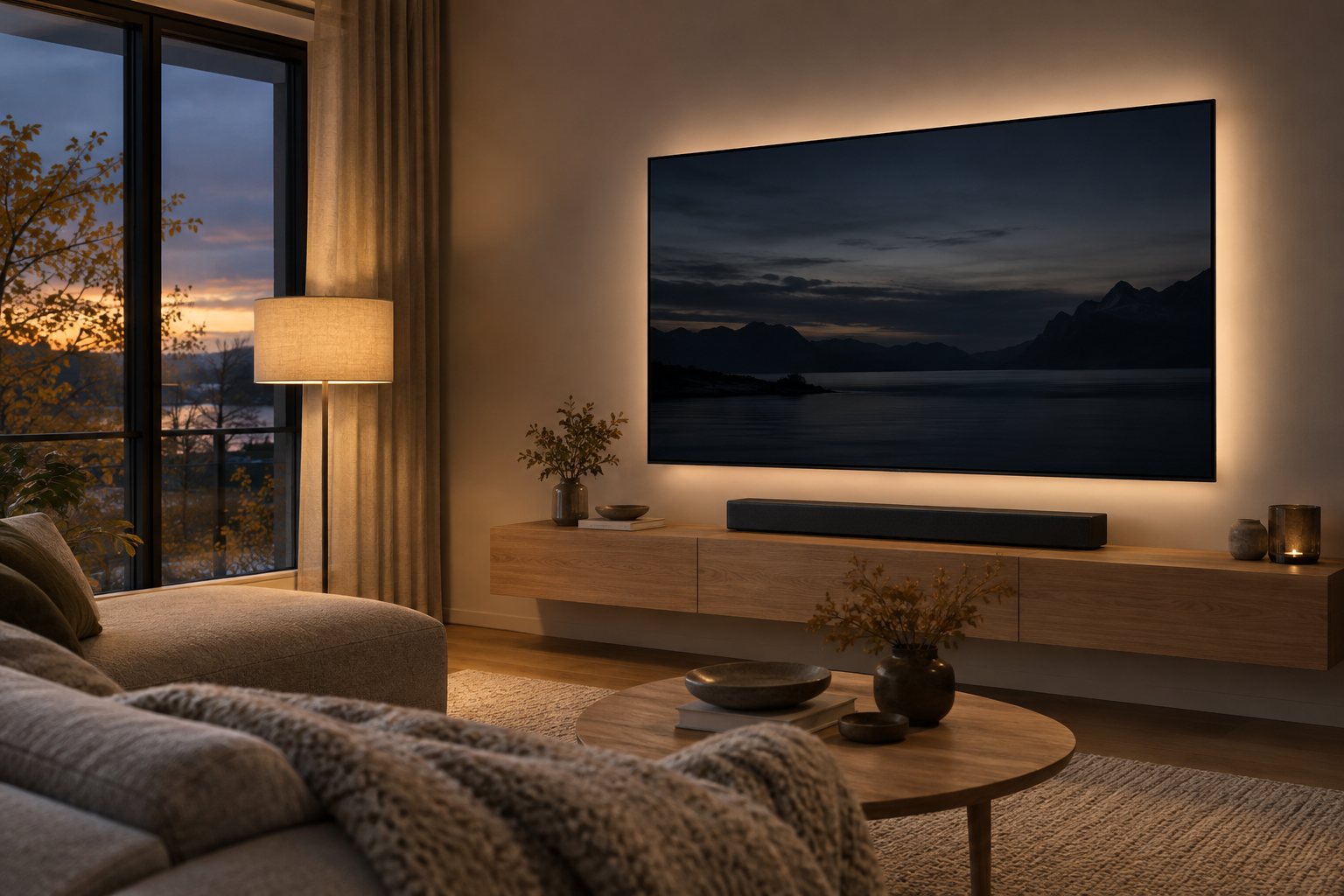 Fladskærm hængt på en lys stuevæg over et svævende tv-bord med soundbar en efterårsaften
