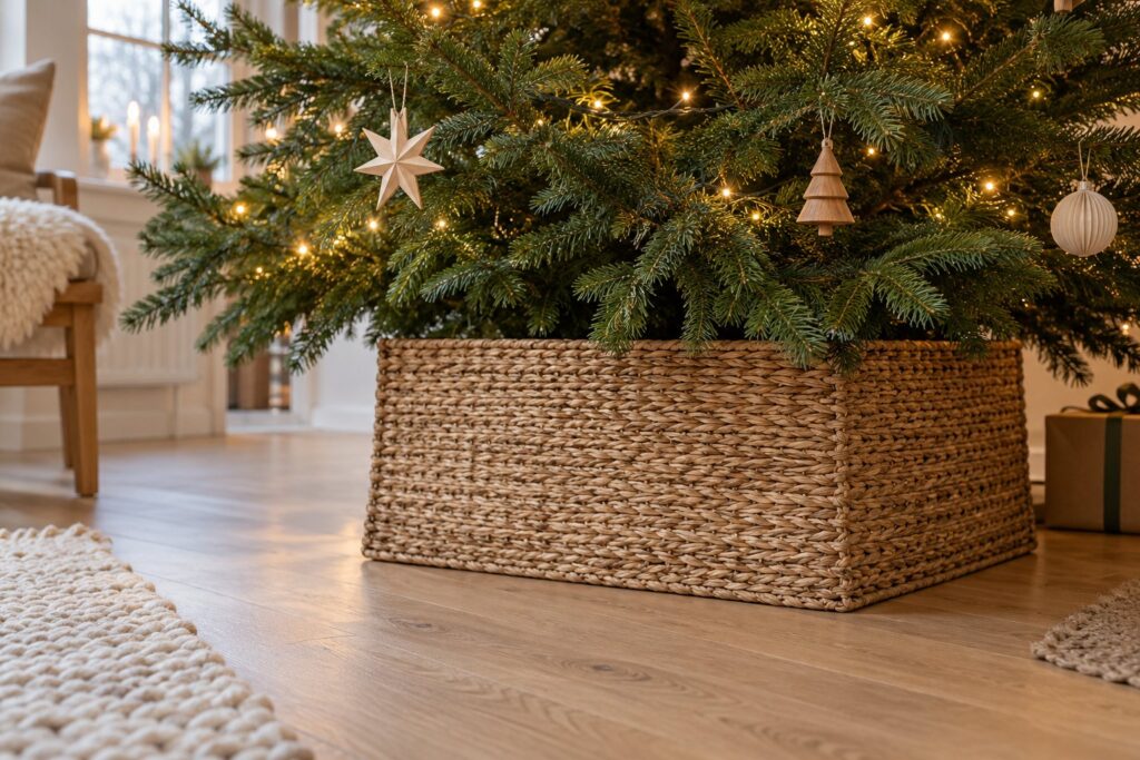Firkantet juletræskrave i flettet søgræs omkring foden på et pyntet juletræ på et lyst egetræsgulv