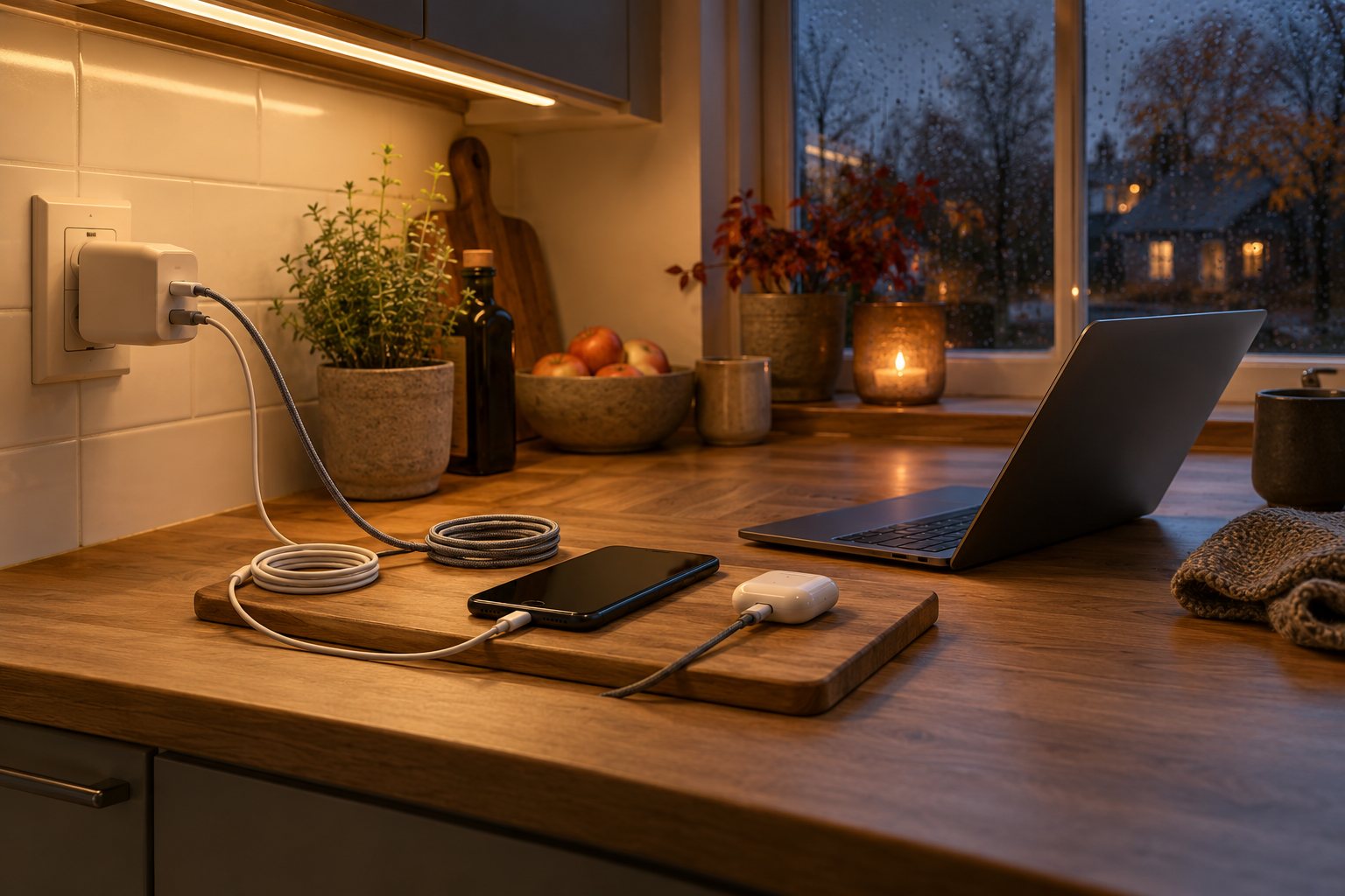 Ryddeligt køkkenbord en efterårsaften med en oplader med flere porte, sammenrullede USB-C-kabler, en telefon, høretelefoner og en bærbar