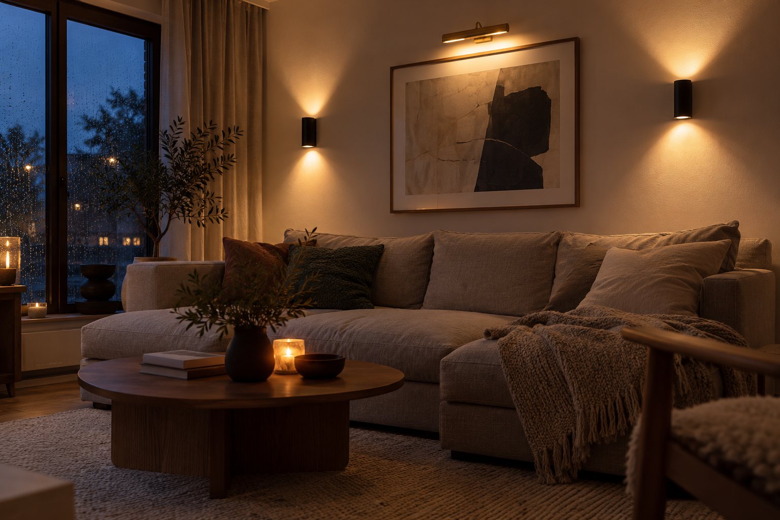 Dansk stue en mørk efterårsaften med to op/ned-væglamper over en grå sofa og en billedlampe over et indrammet billede