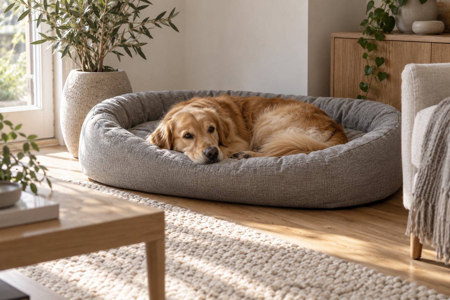 Hund ligger sammenrullet i en grå hundeseng med bløde kanter i en lys stue en regnvejrsdag i oktober
