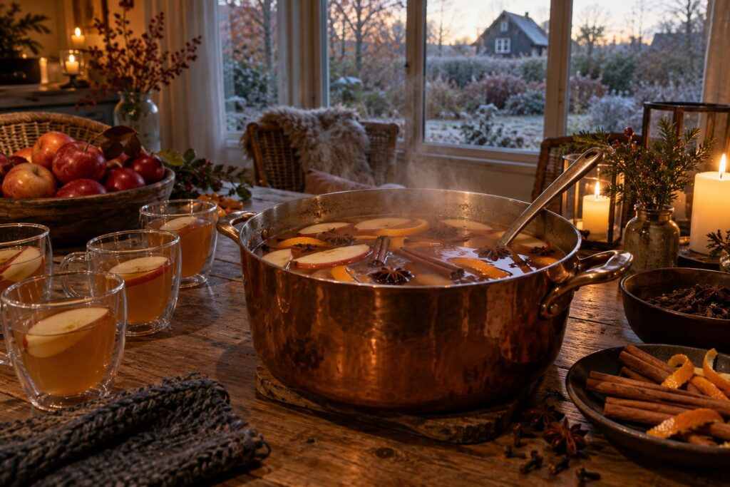 Gryde med varm æblepunch med kanelstænger, stjerneanis og appelsinskiver på et træbord ved siden af glas med æbleskiver