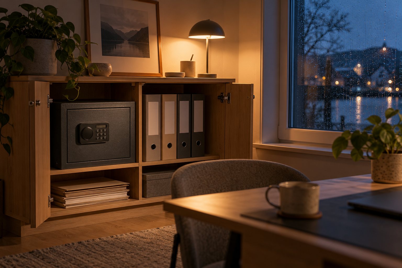 Et lille mørkegråt pengeskab i et åbent skab ved siden af ringbind og mapper, oplyst af en bordlampe en mørk efterårsaften