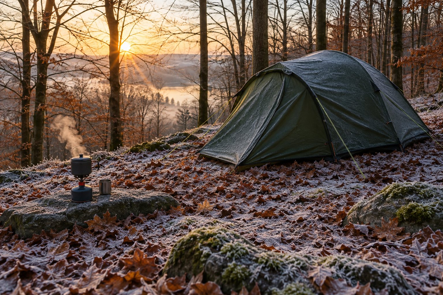 Kuppeltelt i en dansk bøgeskov med rimfrost på bladene og en dampende kedel på et gasblus et stykke fra teltet