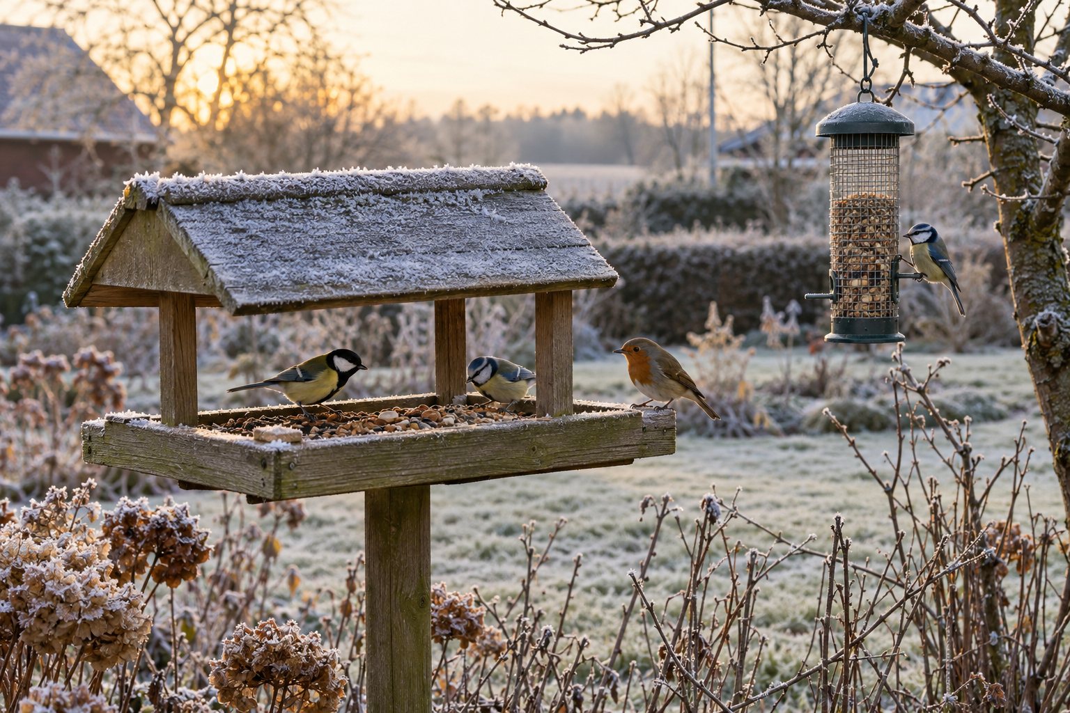 Foderhus på en metalstang i en dansk have med mejser, der spiser solsikkekerner, en frostklar morgen