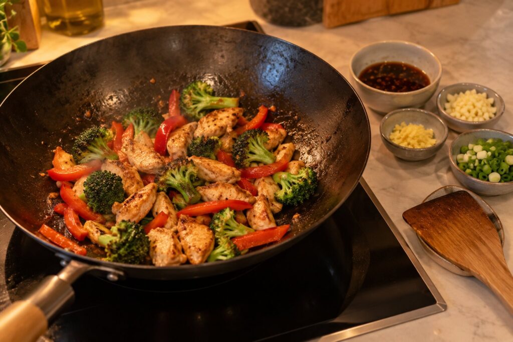 Wok med kyllingestrimler, broccoli og peberfrugt i et enkelt lag på en induktionsplade med små skåle med skårne ingredienser ved siden af