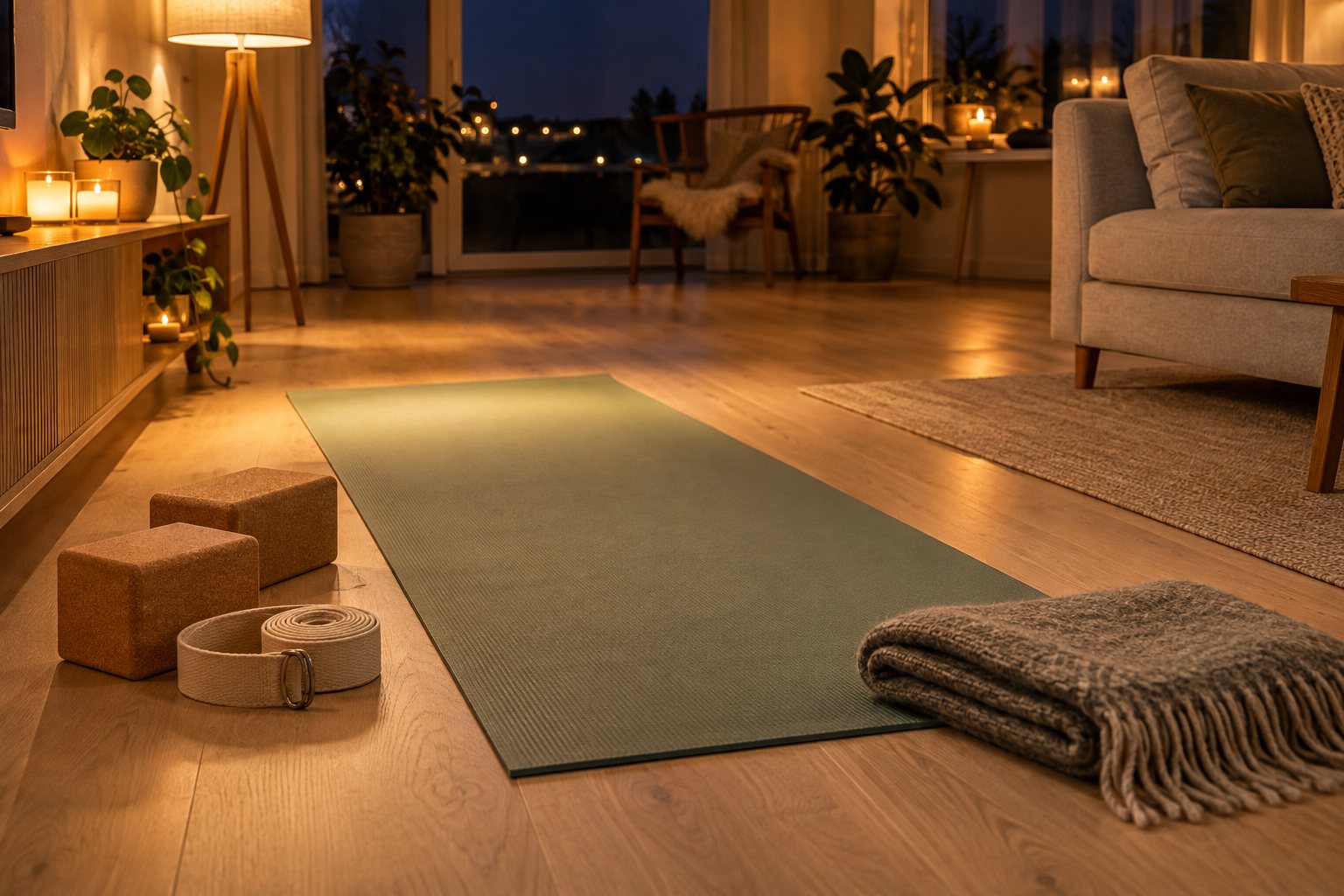 Yogamåtte med klodser, rem og plaid på et trægulv i en stue med varmt lampelys en mørk efterårsaften